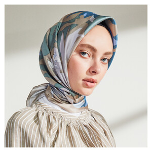 Baby Blue Nihavent Print Silk Twill Scarf - Thumbnail