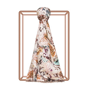 Beige Fleur Print Silk Scarf - Thumbnail