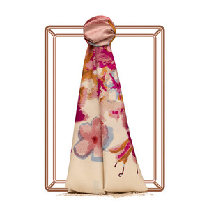 Beige Water Fleur Print Silk Scarf - Thumbnail