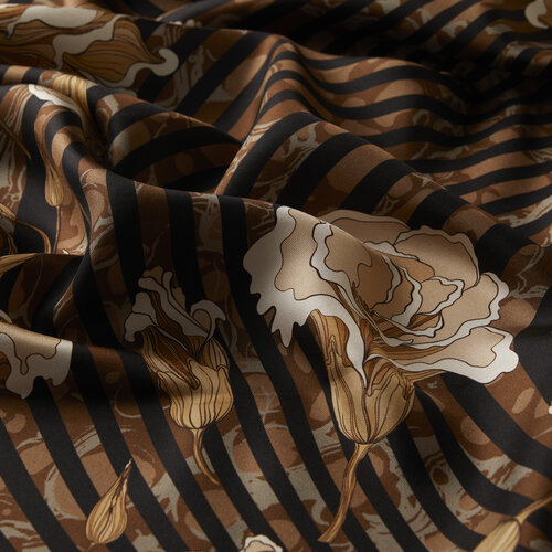 Black Brown Lisianthus Twill Silk Scarf