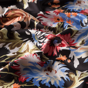 Black Chrysanthemum Print Silk Scarf - Thumbnail