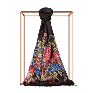 Black Classic Palace Garden Print Silk Scarf - Thumbnail