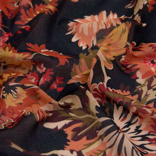 Black Orange Chrysanthemum Print Cotton Scarf