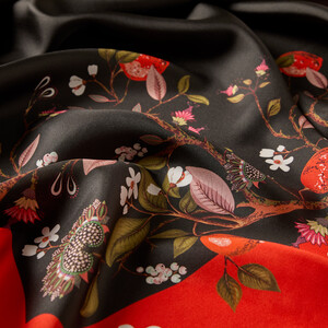 ipekevi - Black Red Lemon Tree Twill Silk Scarf (1)