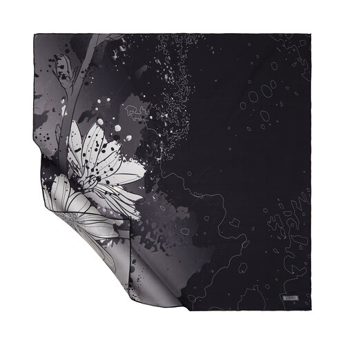 Black Silver Floral Glow Patterned Twill Silk Scarf