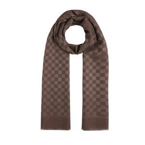 Brown Checkered Cotton Silk Scarf - Thumbnail