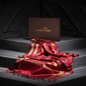 Burgundy Carpet Design Cross Stich Prime Silk Scarf - Thumbnail