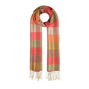 Coral Block Striped Reversible Silk Scarf - Thumbnail