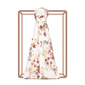 Cream Brown Flower Crown Print Silk Scarf - Thumbnail