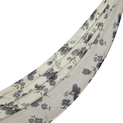 Cream Clematis Print Wool Silk Scarf