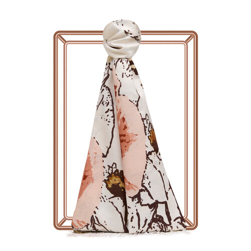 Cream Peach Wild Rose Print Silk Scarf