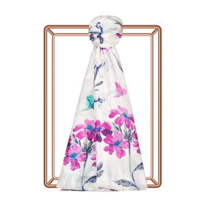 Cream Purple Clover Garden Print Satin Silk Scarf - Thumbnail