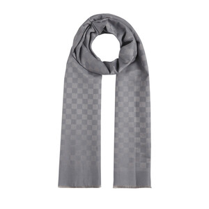 Dark Grey Checkered Cotton Silk Scarf - Thumbnail