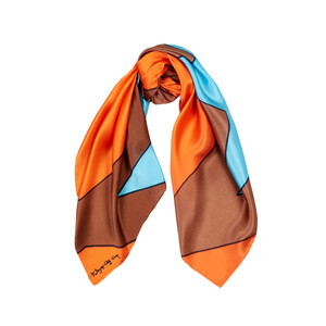 Square satin scarf with brand logo, brown/beige with orange colors