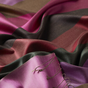 Fuchsia Charcoal Block Striped Reversible Silk Scarf - Thumbnail