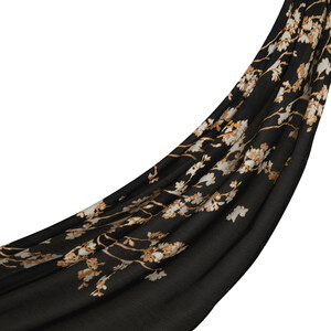 Gold Black Cercis Flower Cotton Rayon Scarf - Thumbnail