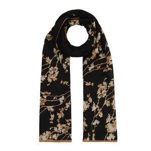 Gold Black Cercis Flower Cotton Rayon Scarf - Thumbnail