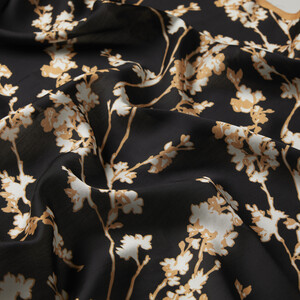 Gold Black Cercis Flower Cotton Rayon Scarf - Thumbnail