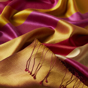 Gold Fuchsia Block Striped Reversible Silk Scarf - Thumbnail