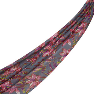 Gray Lily Print Wool Silk Scarf - Thumbnail