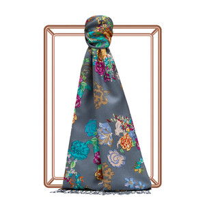 Gray Turquoise Waterside Garden Printed Silk Shawl - Thumbnail