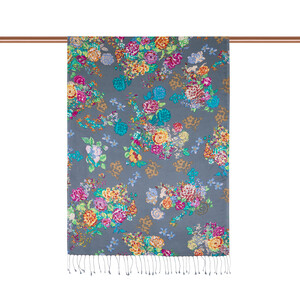 Gray Turquoise Waterside Garden Printed Silk Shawl - Thumbnail