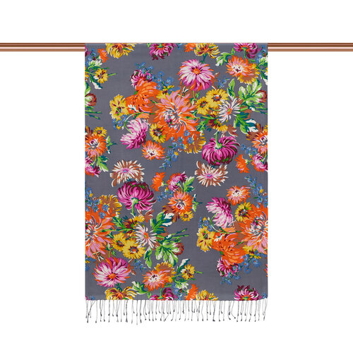 Grey Chrysanthemum Print Silk Scarf