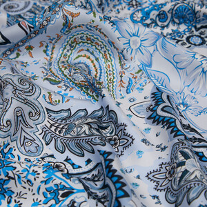 Ice Blue Bohemian Pathcwork Twill Silk Scarf - Thumbnail