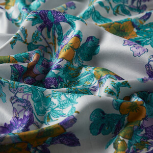 Ice Blue Pansy Printed Silk Shawl - Thumbnail