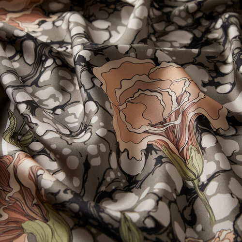 Metalic Grey Lisianthus Panel Twill Silk Scarf