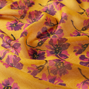 Mustard Violet Print Wool Silk Scarf - Thumbnail