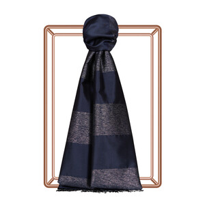 Navy Block Lurex Striped Silk Scarf - Thumbnail