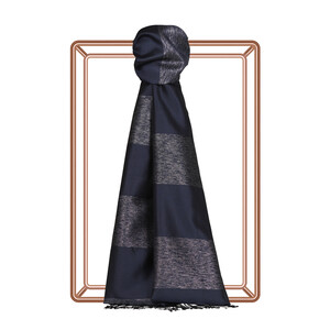 Navy Block Lurex Striped Silk Scarf - Thumbnail