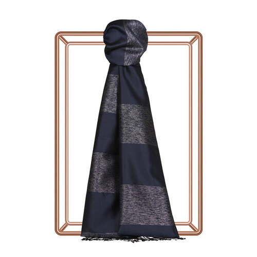 Navy Block Lurex Striped Silk Scarf