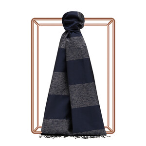 Navy Block Lurex Striped Silk Scarf - Thumbnail