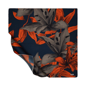 Navy Blue Lillium Patterned Twill Silk Scarf - Thumbnail