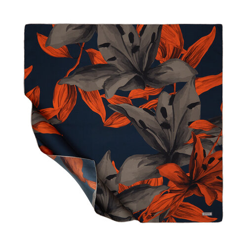 Navy Blue Lillium Patterned Twill Silk Scarf