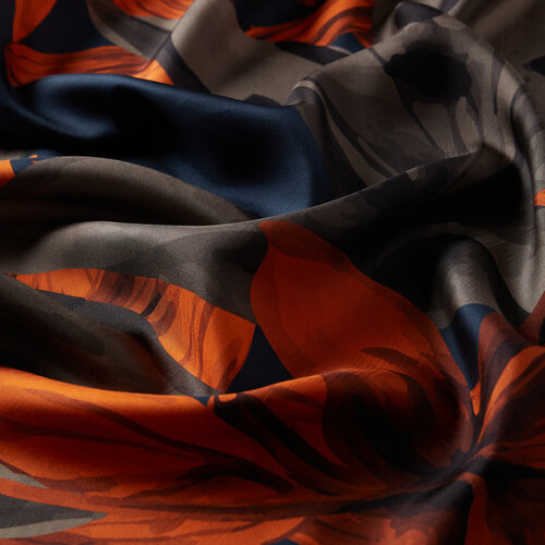 Navy Blue Lillium Patterned Twill Silk Scarf