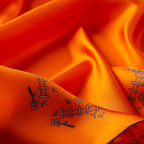 Orange Pretty Garden Twill Silk Scarf