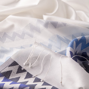 Pearl White Blue Zigzag Silk Scarf - Thumbnail