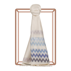 Pearl White Blue Zigzag Silk Scarf - Thumbnail