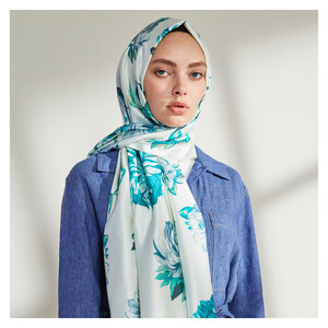 Pearl White Camellia Patterned Silk Scarf - Thumbnail