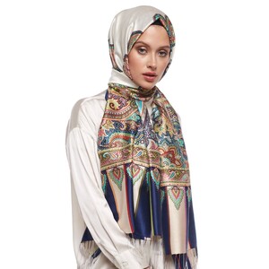 Pearl White Frame Paisley Print Silk Scarf - Thumbnail