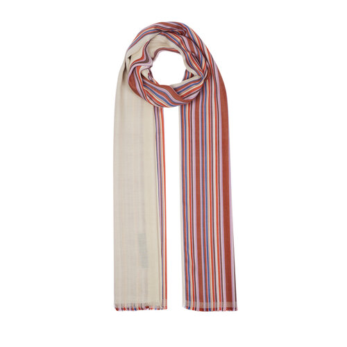 Pearl White Rainbow Striped Cotton Silk Scarf 