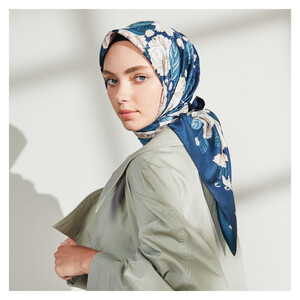 Petrol Sakura Print Silk Twill Scarf - Thumbnail