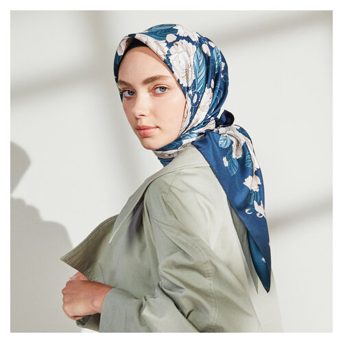 Petrol Sakura Print Silk Twill Scarf