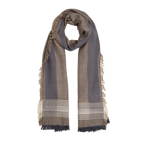 Sand Beige Multi Stripe Wool Silk Scarf - Thumbnail