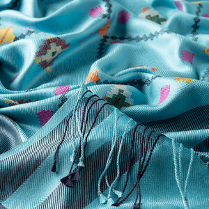 Turquoise Carpet Design Cross Stich Prime Silk Scarf - Thumbnail