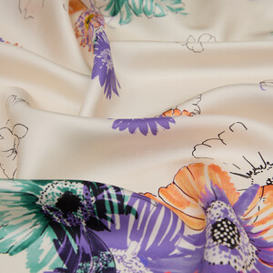 White Purple Single Bloom Twill Silk Scarf - Thumbnail